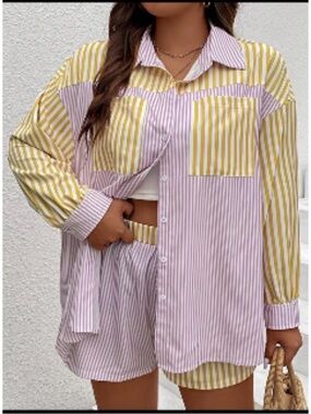 Two-Tone Striped Button-Up Shirt and Shorts Set - Pink & Mustard